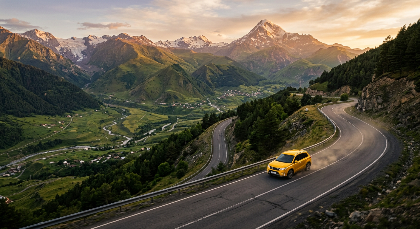 A yellow SUV on a mountain road in Georgia